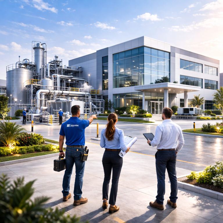 Empleados HVAC en planta manufacturera